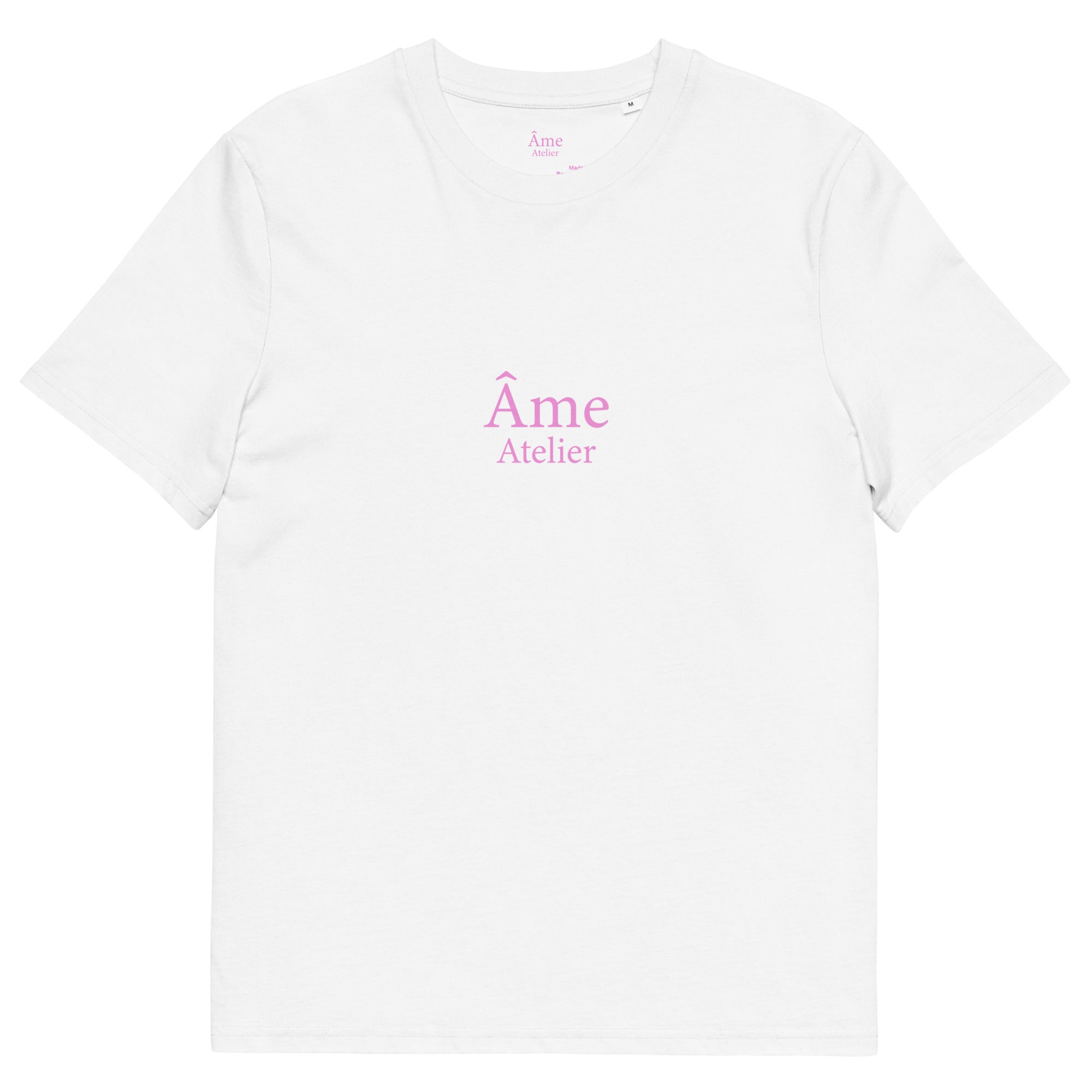 Front view of Âme Atelier oversized t-shirt in white with powder pink details