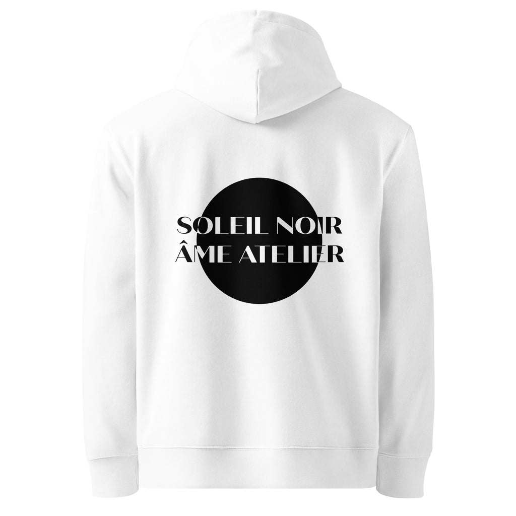 Back view of Soleil Noir organic cotton hoodie with a printed black sun on the back
