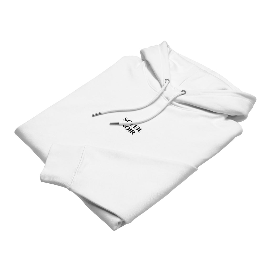 Folded view of Soleil Noir organic cotton hoodie with a printed black sun on the back