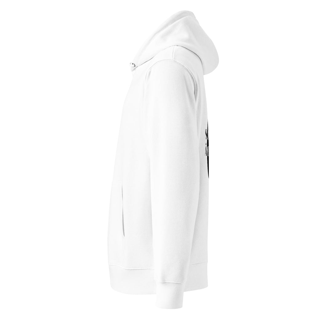 Side view of Soleil Noir organic cotton hoodie with a printed black sun on the back