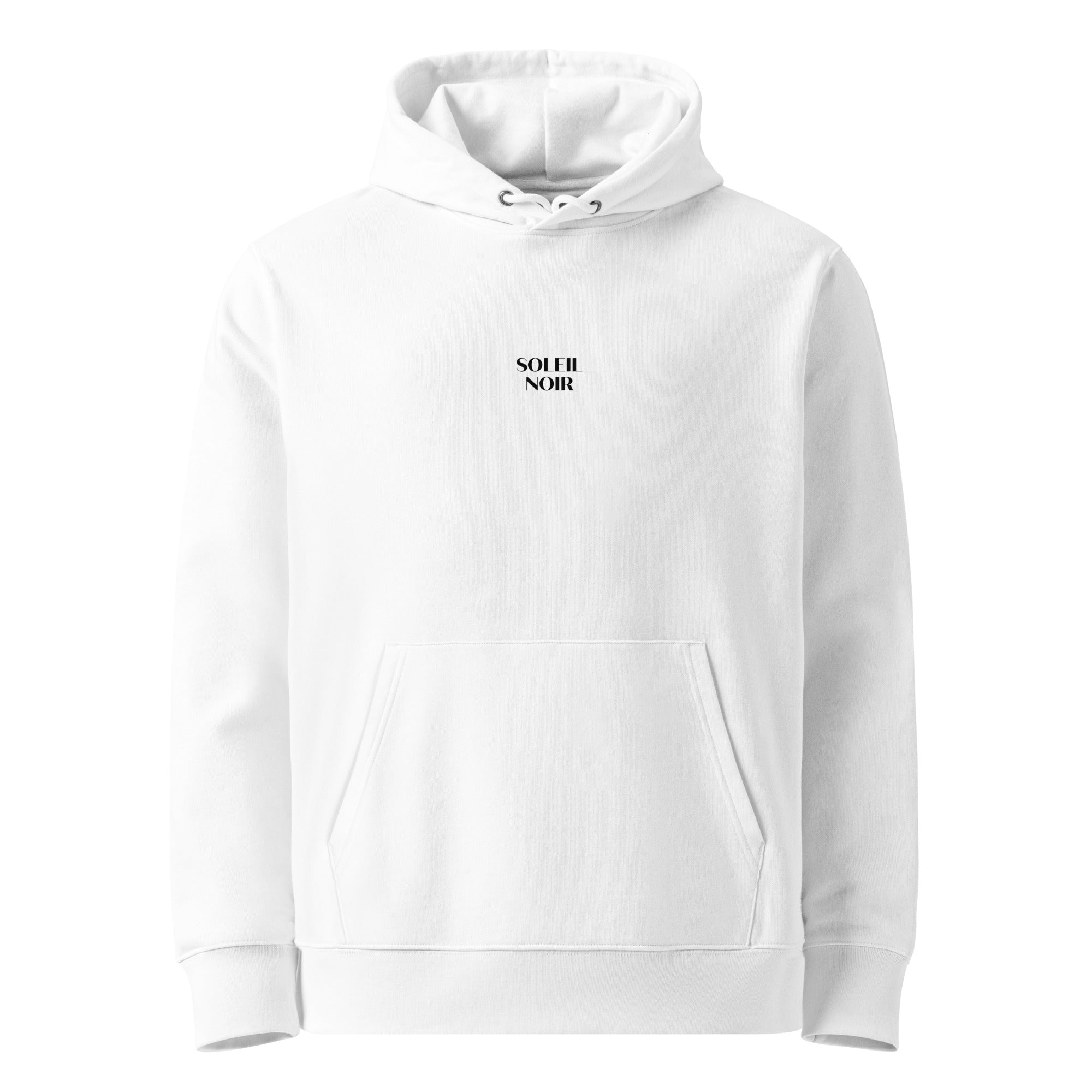 Front view of Soleil Noir organic cotton hoodie with a printed black sun on the back