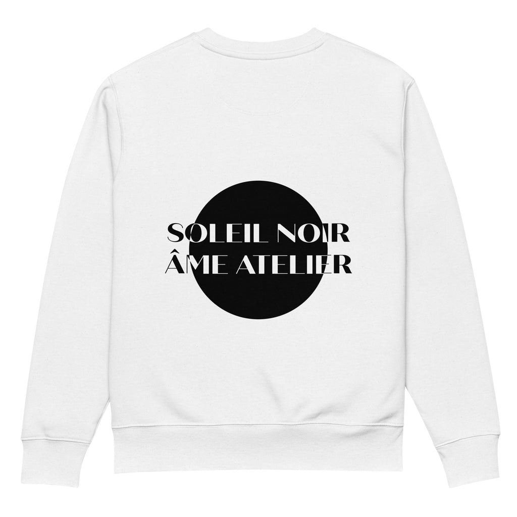 Back view of Soleil Noir white sweatshirt in organic cotton with a printed black sun