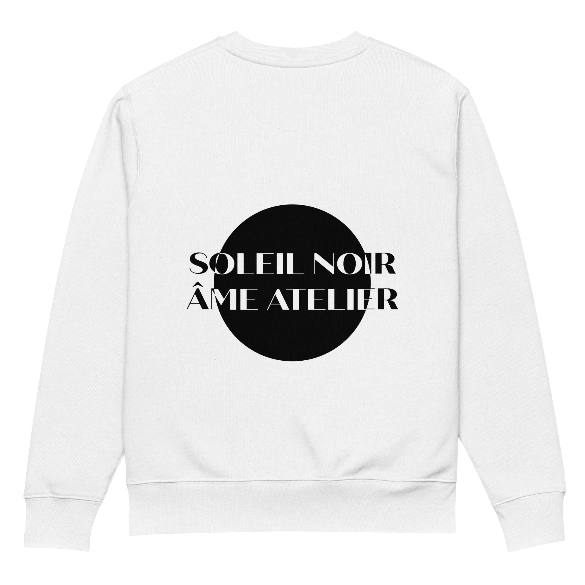 Back view of Soleil Noir white sweatshirt in organic cotton with a printed black sun