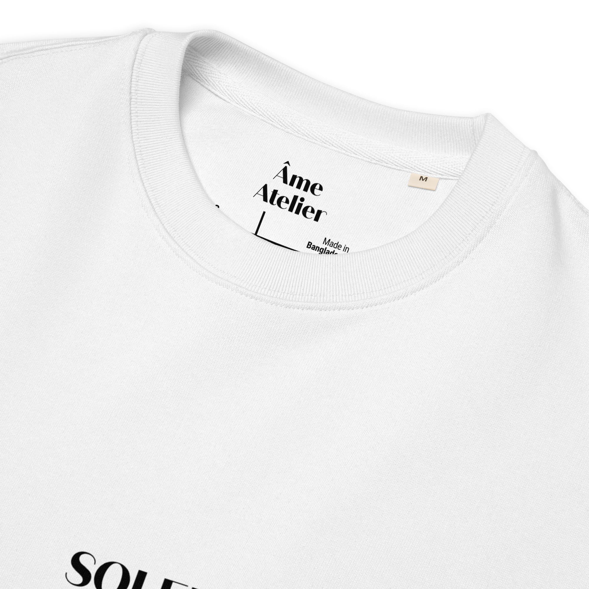 Details of Soleil Noir white sweatshirt in organic cotton with a printed black sun