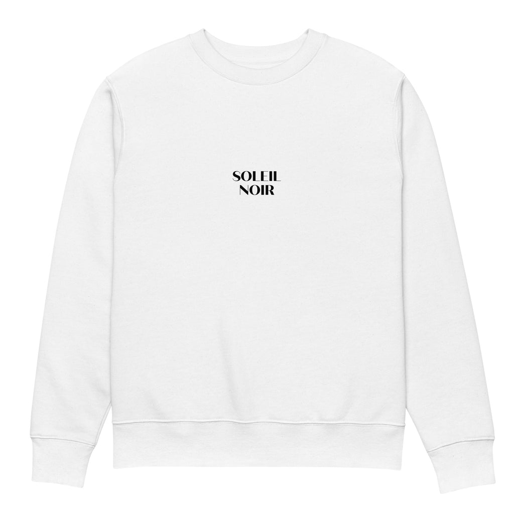Front view of Soleil Noir white sweatshirt in organic cotton with a printed black sun