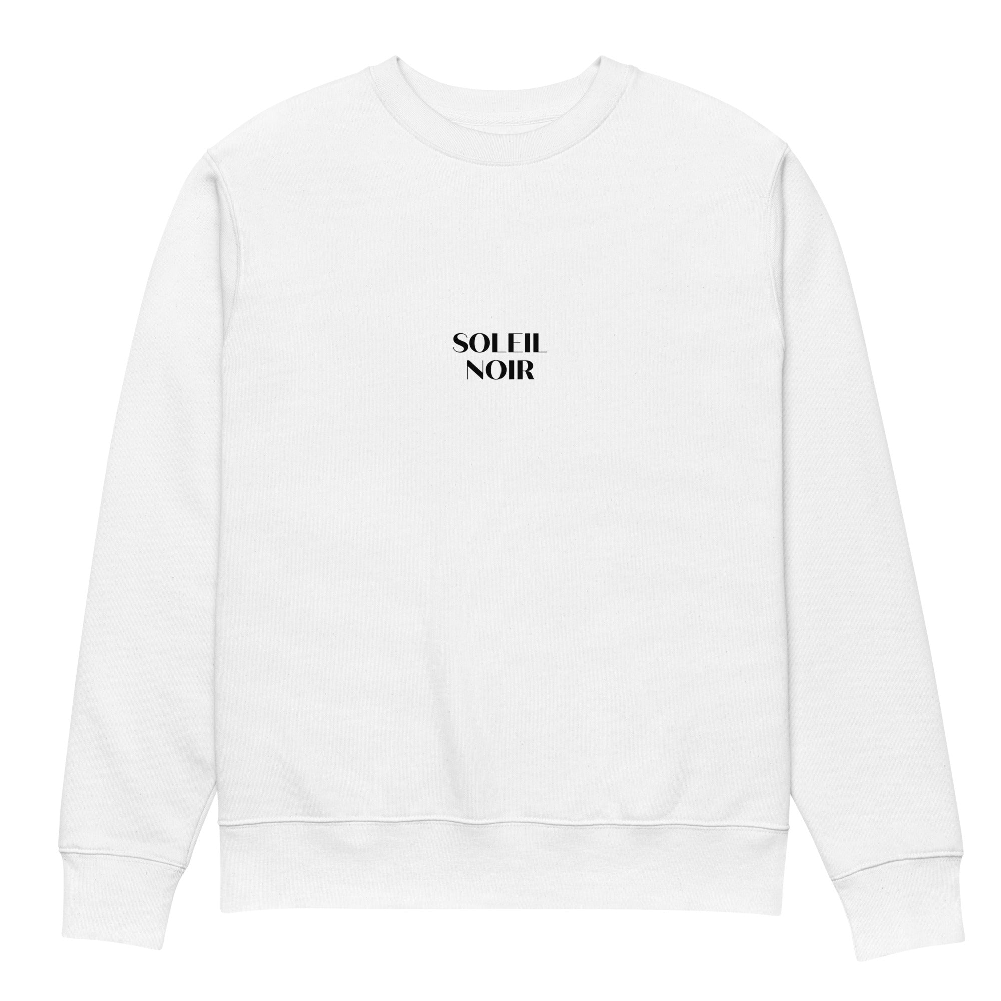Front view of Soleil Noir white sweatshirt in organic cotton with a printed black sun