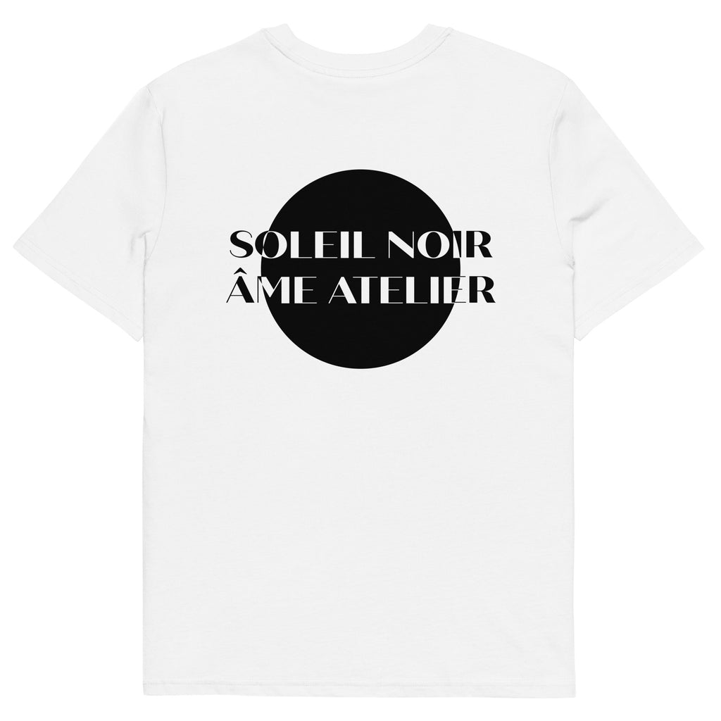 Back view of Soleil Noir white t-shirt in organic cotton with a printed black sun