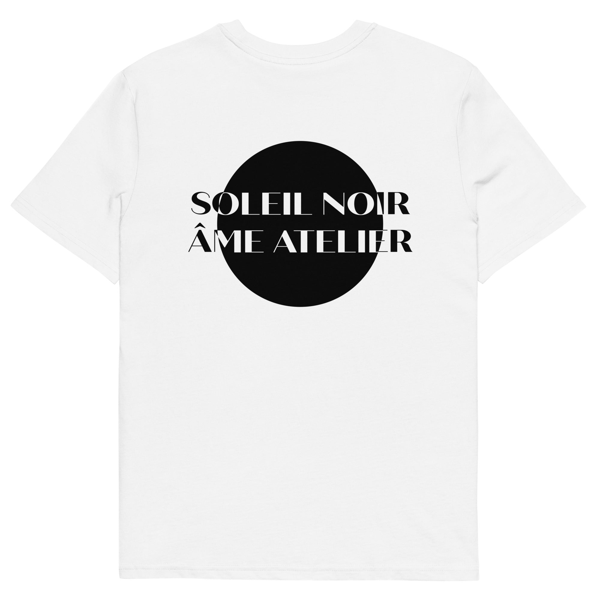Back view of Soleil Noir white t-shirt in organic cotton with a printed black sun