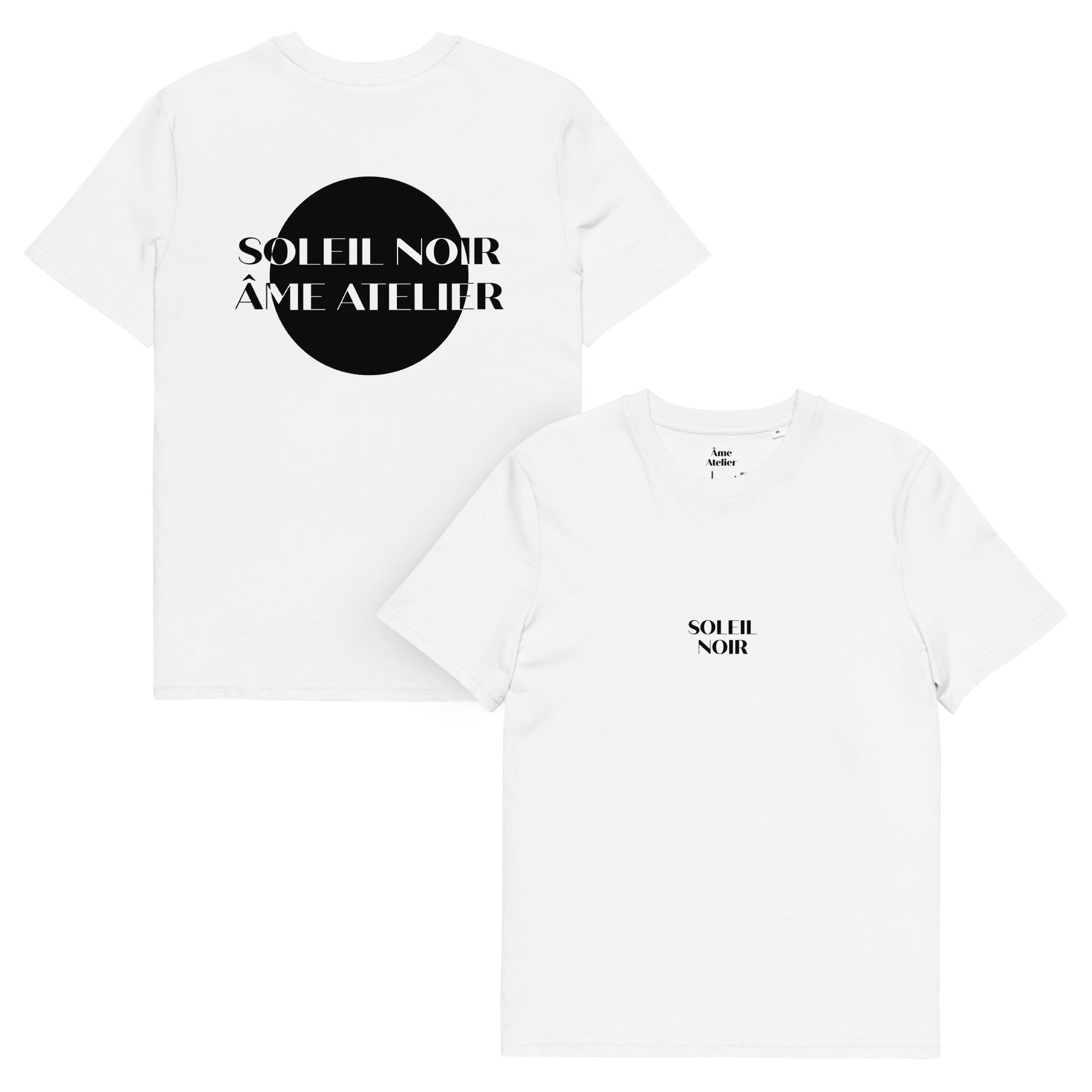 Overview of Soleil Noir white t-shirt in organic cotton with a printed black sun