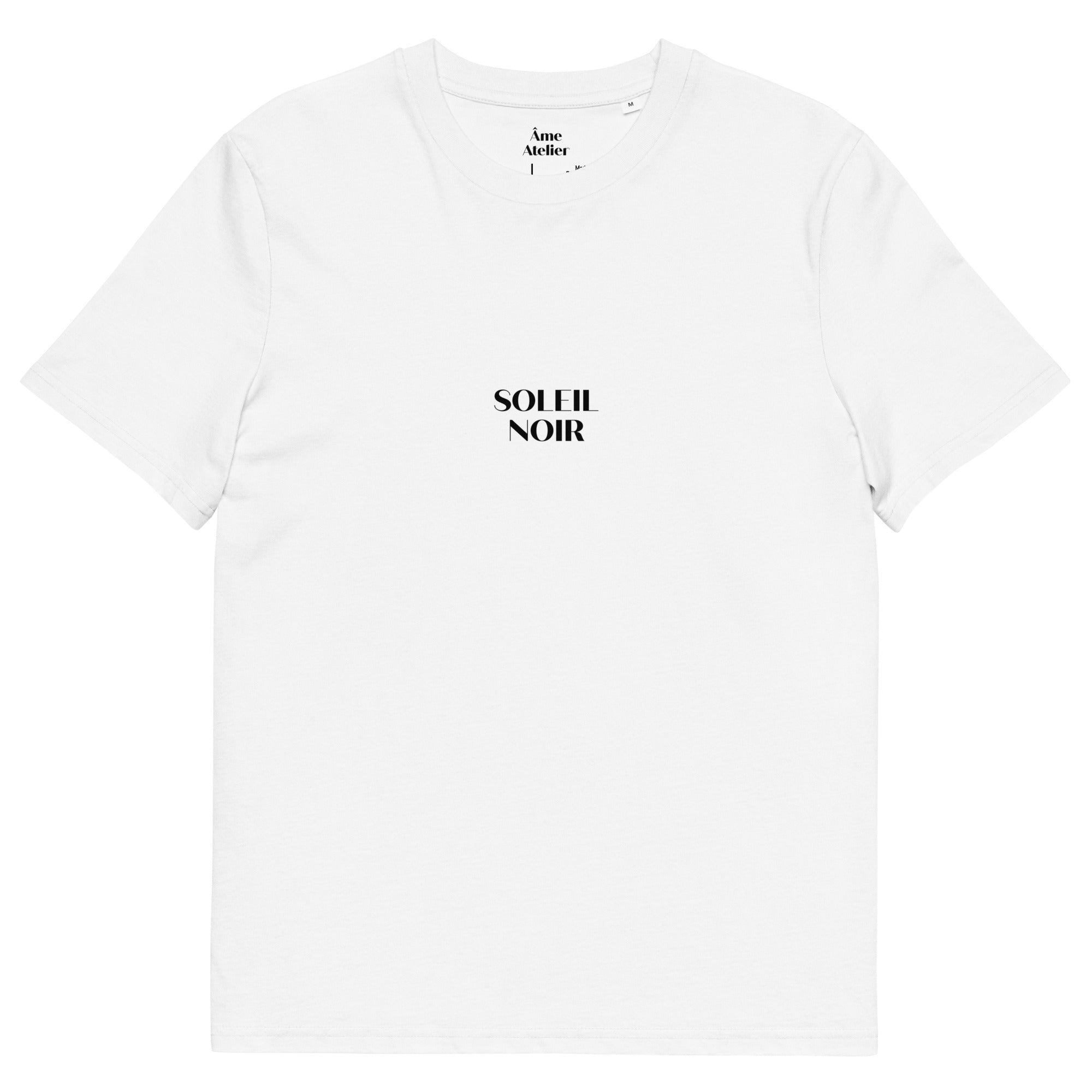Front view of Soleil Noir white t-shirt in organic cotton with a printed black sun