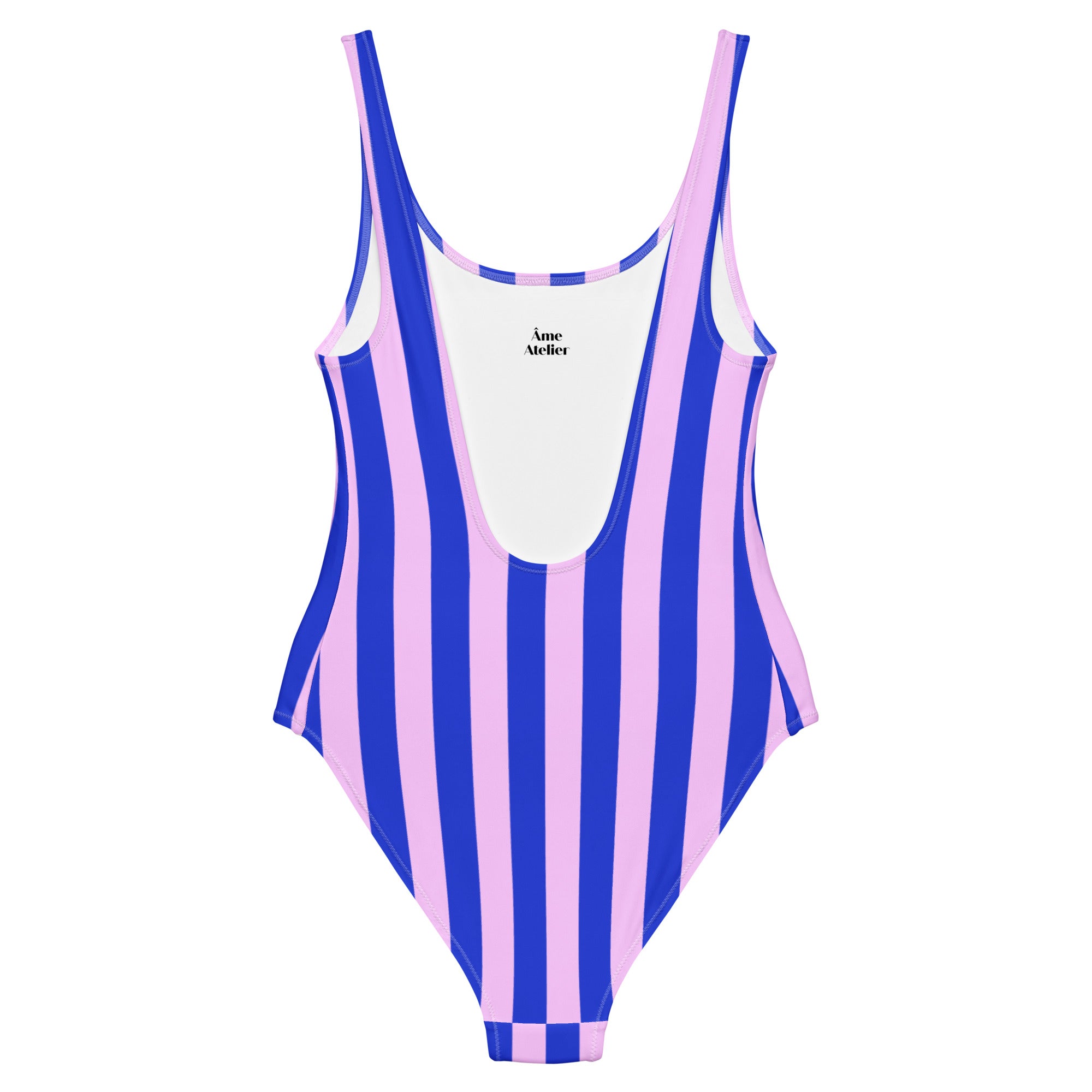 Back view of Le Vibrant swimsuit in blue and pink with an open back