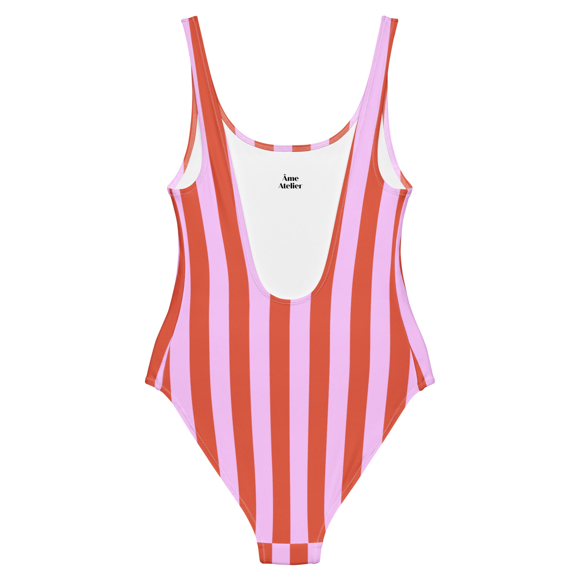 Back view of Le Vibrant swimsuit in pink and terracotta with and open back