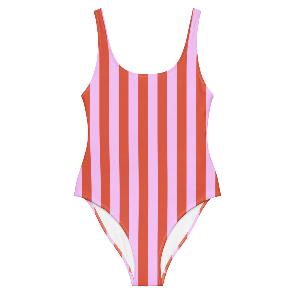 Front view of Le Vibrant swimsuit in pink and terracotta