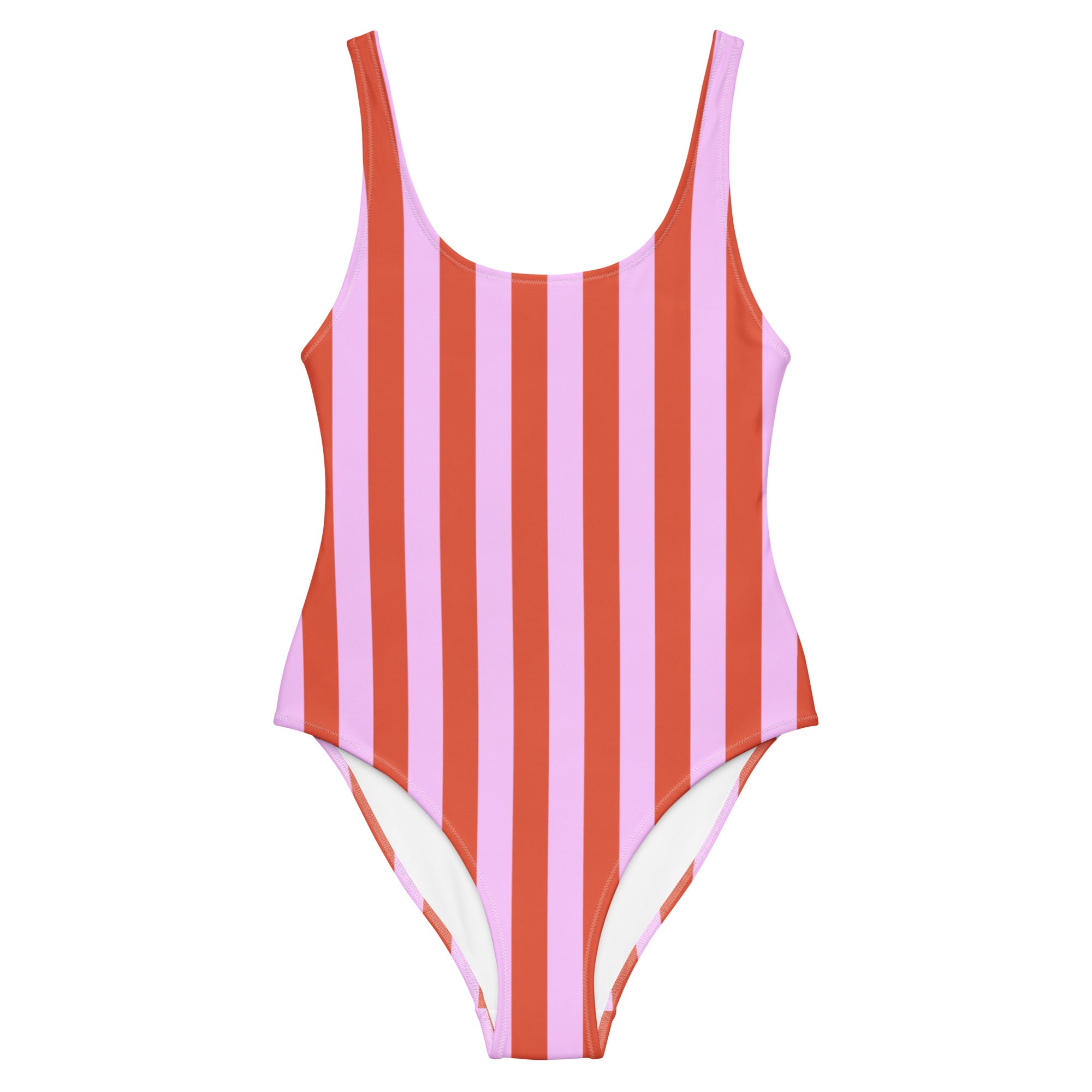 Front view of Le Vibrant swimsuit in pink and terracotta
